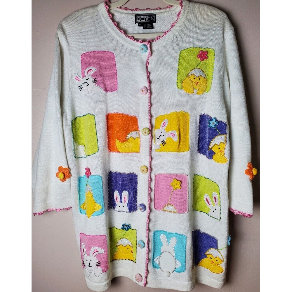 Read Berek Easter Bunny Chicks Flowers Spring Sweater 1XL Whimsical Novelty
